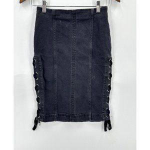 Free People Womens Denim Pencil Skirt Side Tie Lace Up Stretch Black Size 2